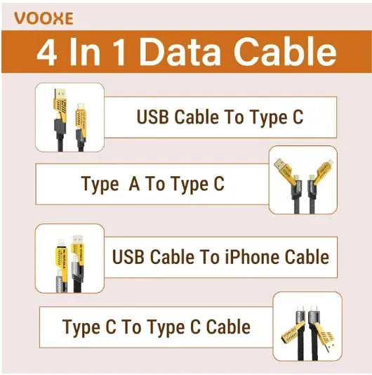 4 in 1 Data Cable – USB-C & Lightning Connectors, Braided Durable Design, Fast Charging & Data Transfer, Black with Yellow Connectors