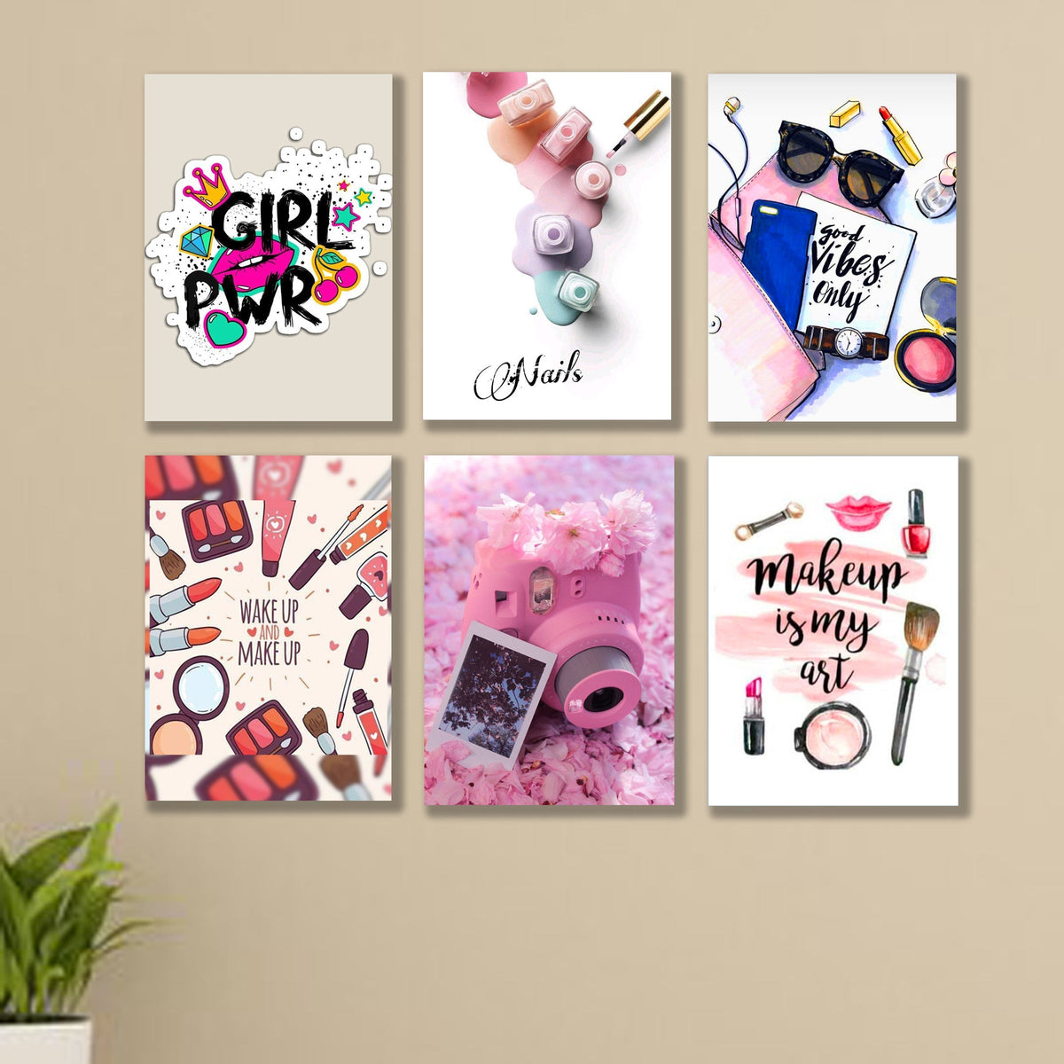 set of 5 make up themed girls room decore wall art wooden sticky Phototile frames